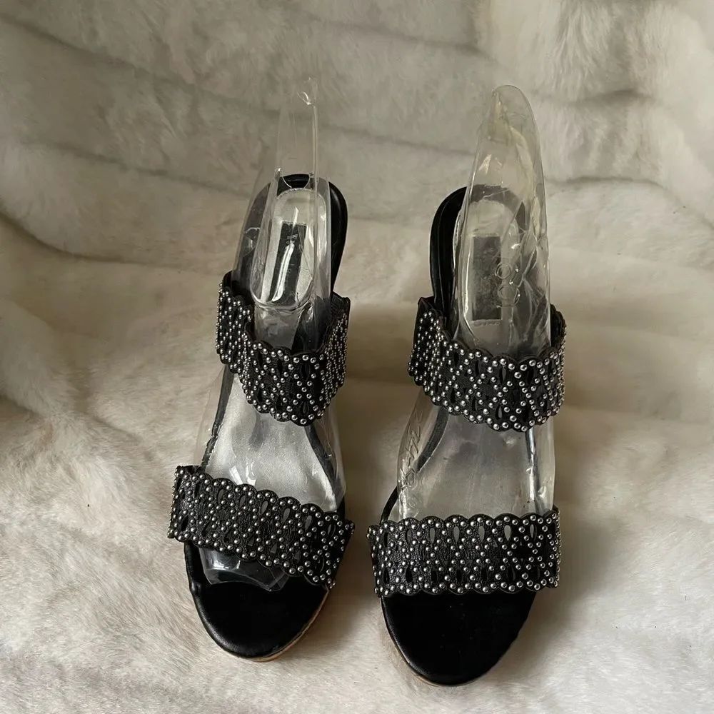 WHBM black cut out straps cork wedge sandals silver studs accents size9.5